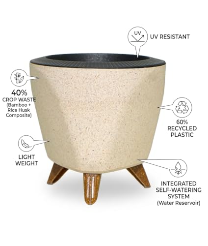 Image of Harshdeep Self Watering Pot - Lagos Eco - Indoor Home Living Room Office Tabletop Decorative Earth Friendly Planter, Made of Bamboo, Rice Husk, 5 Inch Set of 5 (Multicolor)