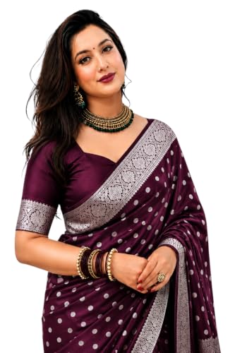 Image of Women's Glory Banarasi Satin Silk Saree with Rich Gold Silver Zari Floral Embroidery | Kanjivaram Style | Traditional Wedding & Festive sadi with Contrast Border