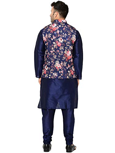 Image of SAIFOO Men's Silk Navy Blue Kurta Pyjama & Printed Nehru Jacket