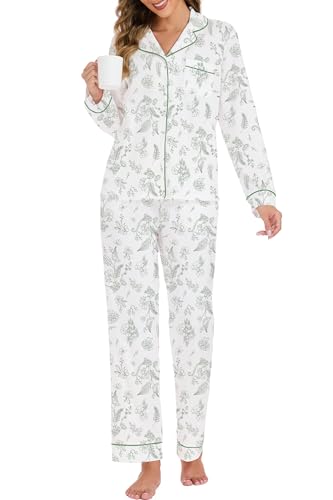 Image of LUBOT 100% Cotton Pajamas for Women Pajama Set 2 Piece PJ Sleepwear Set Soft Ladies Button Knit Long Sleeve Loungewear XS-XXL