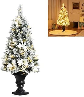 TANGZON 4FT/120CM Pre-Lit Snow Flocked Christmas Tree, Frosted Xmas Tree with 100 LED Lights, White Flowers, Berries & Solid Retro Stand, Indoor Outdoor Artificial Holiday Decorative Pine Tree