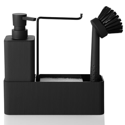 Distributeur Liquide Vaisselle Cuisine avec Distributeur Savon Brosse Éponge Porte-Vaisselle et Organisateur, Rangement Evier Cuisine (Noir, 4 in 1)