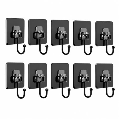 Image of CERLINK Black Large Adhesive Hooks for Wall Heavy Duty Waterproof Wall Hooks for Hanger Hooks, Stainless Steel Towel and Coats Wall Hook to Use Inside Kitchen, Bathroom, Home and Office Pack 10