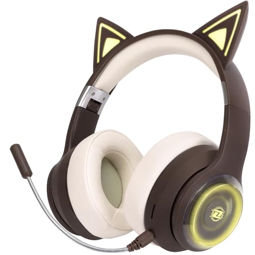 Absdefen 5.3 猫耳ヘッドホン 猫耳 イヤホン 無線 ヘッドマウント ブルートゥースイヤホン LED付き Bluetooth 5.3 ENCノイズ低減 HIFI RGB照明効果 IPX5 40MM 3.5MMオーディオケーブル付き マイク付き 遮音 密閉型 柔らかい サイズ調節可能 軽量 折りたたみ 携帯便利 有線無線兼用 可愛い (ブラウン)