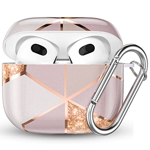 Charlam Coque AirPods 3 2021, Floral Motif Coque en TPU Protection Etui Compatible avec Apple AirPods 3ᵉ Génération, Housse Rigide de Protection avec Mousqueton pour Filles Femmes, Rose Géométrique Cover