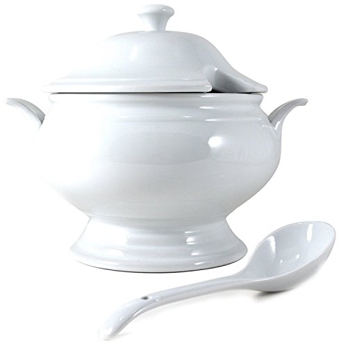 Omniware White Porcelain Covered Soup Tureen with Ladle, 2.5 Quart