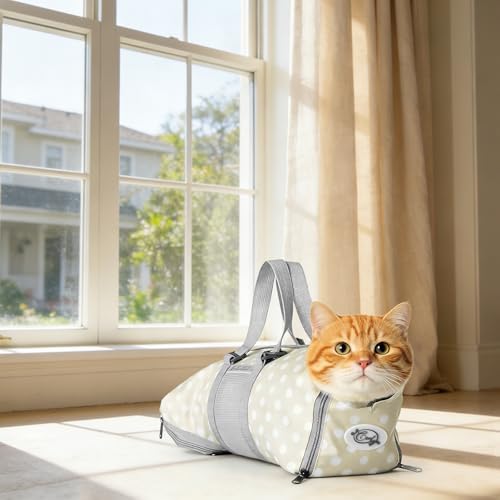 Image of Cinf Cat Nail Clipping Cleaning Grooming Restraint Bag (Free Muzzle) No Scratching Biting for Bathing Nail Trimming Injecting Examining((Beige Gray&Dot,M)