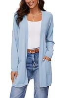 BERESIA Women's 100% Cotton Lightweight Open Front Cardigans with Pockets Long Sleeve Soft Oversized Knit Casual Sweaters Outwear, LightBlue, M