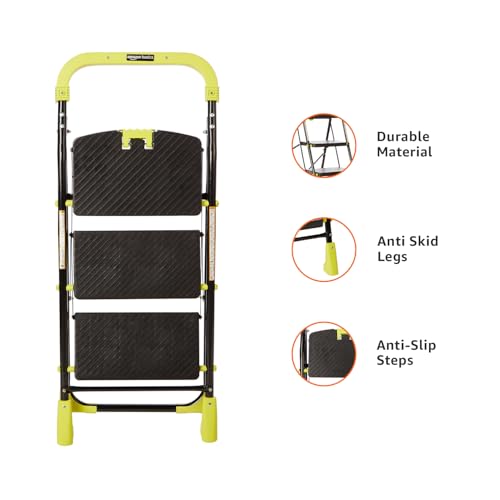 Image of Amazon Basics Dynamo - Foldable Step Ladder, Safety Clutch Lock, Anti Slip Steps, Knee Guard, Anti Skid PVC Shoes, 3 Steps (Steel, Black & Lime Green)