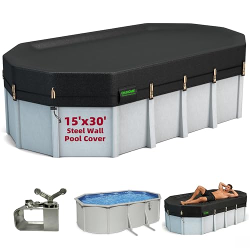 QH.HOME 550D 15x30 FT Oval Pool Cover [Upgraded Tear Resistant & Threefold Windproof] wth Pre-Installed Winch and Rope Pool Covers for Above Ground Pools Oval-Snug Fit & Waterproof Protection