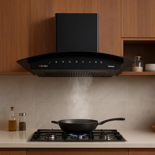 Image of Elisa Venus 90 Auto Clean Filterless Kitchen Chimney | 90cm, 1400 m /hr Suction, Gesture & Touch Control, Black, LED Lamp, Low Noise Cooker Hood