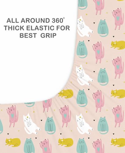 Image of DECOREZA Premium Cotton Feel Elastic Fitted Bedsheet Queen Size 60 x 78 Inch with 2 Pillow Covers | All-Around Elastic | Soft & Breathable | Mattress Upto 10 Inches (Cute Kitty)