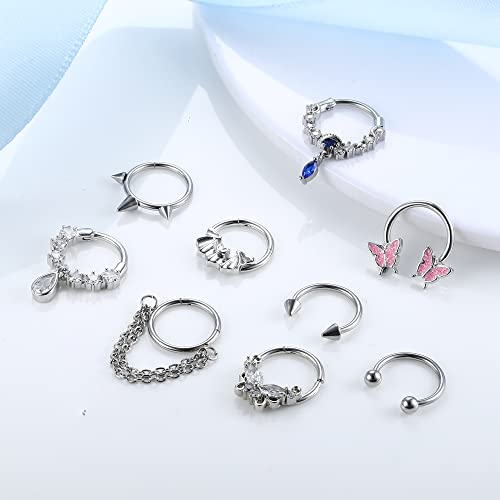 Sanfenly 9Pcs 16G Septum Rings for Women Men Stainless Steel Dangle Septum Jewelry Blue Planet Teardrop CZ Butterfly Bat Spiked Daith Earrings Hoop Nose Rings Cartilage Helix Septum Piercing Jewelry - Thumbnail 3