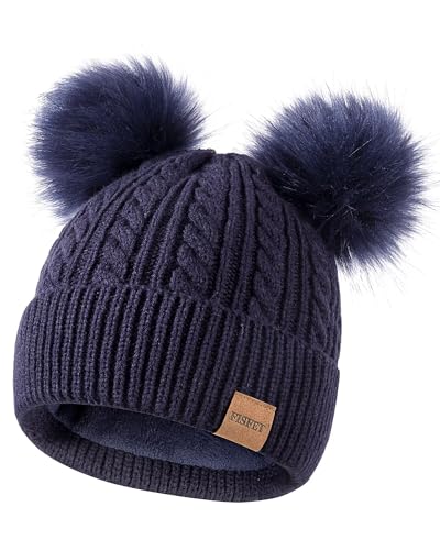 FISFET Beanies Women with Double Pom Pom, Winter Hats for Women Cold Weather Warm Cable Knit Fleece Lined, Cute Beanie Cap for Daily Use(Navy)