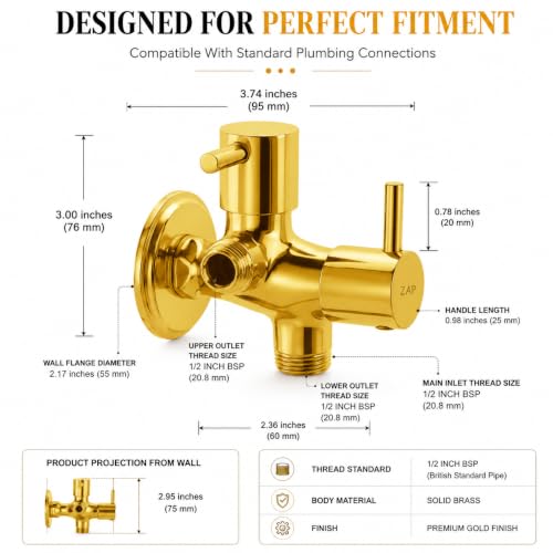 Image of ZAP Turbo Series 2-in-1 Brass Angle Valve with Wall Flange and Teflon Tape | Gold Finish Quarter Turn Dual Control Tap for Jet Spray, Geyser and Basin Tap Connection