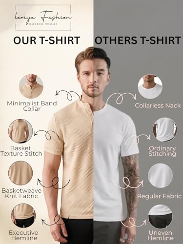 Image of Leriya Fashion Men's Textured Mandarin Collar T-Shirt | Premium Casual Polo Style T Shirt for Men | Smart Casual Office, Party &Everyday Wear