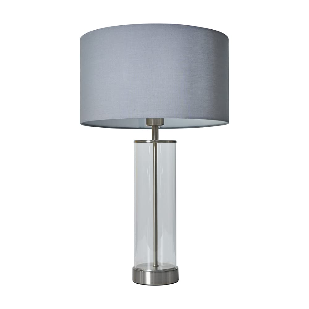 Valuelights Unisex Pale Grey Balan Glass And Brushed Chrome Table Lamp With Fabric Drum Lamp Shade In