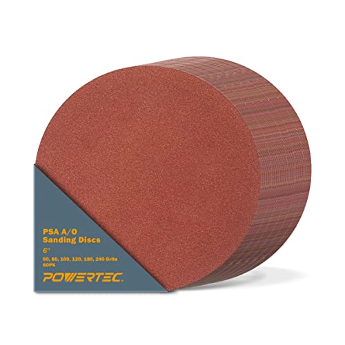 Image of POWERTEC 60 PCS 6 Inch PSA Sanding Disc - 10 Each of 60 80 100 120 180 240 Grits - Assorted Self Adhesive Sandpaper for Drywall, Woodworking, Epoxy with Random Orbital Sanders, DA Sanders (110261)