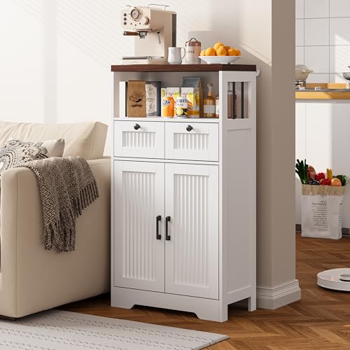 Image of Fluted Storage Cabinet with Doors, Kitchen Pantry Storage Cabinet with Adjustable Shelf, Freestanding Wood Cupboard for Living Room, Bathroom, Laundry Room, White