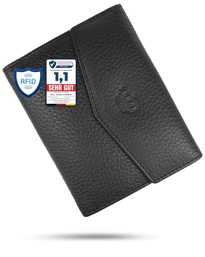 Baur Damen Geldbörse – Echtes Leder mit RFID-Schutz – Kleines Portemonnaie mit 6 Kartenfächern – Druckknopfverschluss (Schwarz)