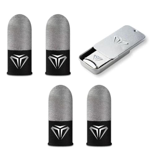 Silver Fiber Gaming Finger Sleeves with Silver Metal Storage Case, Anti-Sweat, Ultra-Thin Touch Screen Thumb Gloves for PUBG, COD, FORTNITE - 2 Pairs (4 Pieces)- (Sliver & Black)