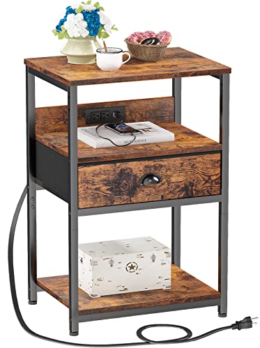 Furologee Nightstand with Charging Station, End Table with USB Ports&Power Outlets, 3-Tier Storage Shelf Tall Bedside Tables, Industrial Night Stands with Fabric Drawer for Bedroom/Living Room/Study Furologee Nightstand with Charging Station, End Table with USB Ports&Power Outlets, 3-Tier Storage Shelf Tall Bedside Tables, Industrial Night Stands with Fabric Drawer for Bedroom/Living Room/Study