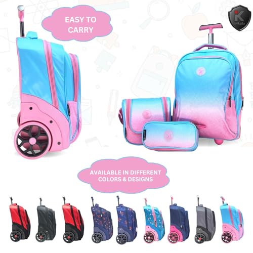 Image of i-kola 3pcs Kids Rolling School Bag Set - 16″ Trolley Backpack with Wheels, Spill-Proof Lunch Bag & Pencil Case - Telescopic Handle, Bottle Holder, L-Shaped Smooth Wheels, IKOLA - BLUEISH PINK, 16