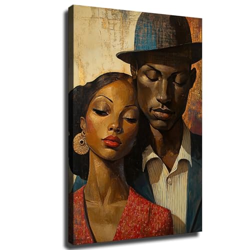 Vintage Romantic Couple Portrait Canvas Wall Art, African American Love Wall Art, Romance Themed Painting for Home Decor Ready To Hang (Framed,28×40 inch)