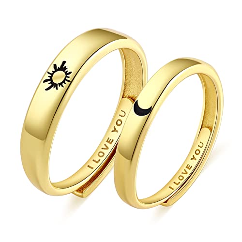 Image of Beydodo 925 Silver Rings Custom Adjustable Sun and Moon Matching Rings Engraved I Love You Couples Rings Wedding