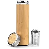 Bamboo Tea Tumbler,D&X Vacuum Insulated Stainless Steel Travel Tea Mug,Fruit tea, Infuser Bottle for Loose Leaf Tea & Coffee capacity- Keeps Hot & Cold for 12 Hrs |17oz/500ml