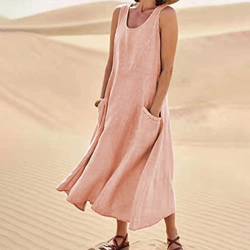 Plus Size Cotton Linen Summer Dresses for Curvy Women 2025 Sleeveless Maxi Vacation Beach Sundresses with Pockets