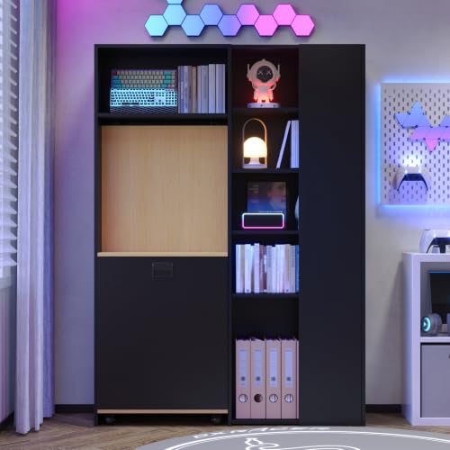VIVCA Escritorio plegable 2 en 1 con estantes y estantería, estantes ajustables en altura, protección antivuelco, escritorio de esquina derecha, color negro y roble
