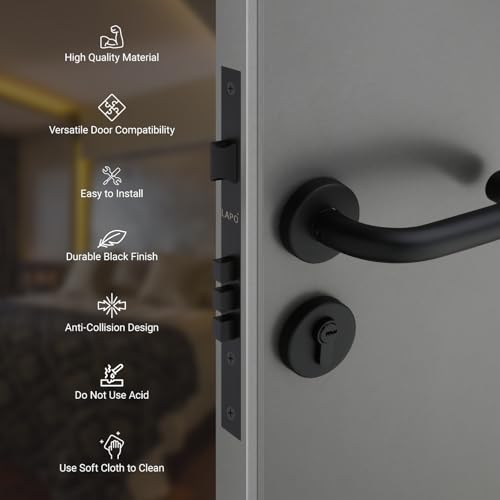 Image of LAPO Mortise Door Lock for Home Main Door & Bedroom with Handle - Left-Right Fit 30-50mm Door Home Office Hotel - Heavy-Duty 70mm Cylinder - 50x85mm Body - 3 Brass Keys |Black Finish | CMH-6T
