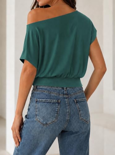 Image of SOFIA'S CHOICE Women's Off The Shoulder T Shirt Crop Top Casual Summer Dolman Sleeve Asymmetrical Cinched Waist Tops