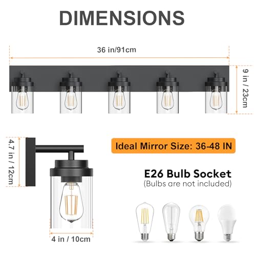 Image of IZORRO Bathroom Vanity Light Fixture, 5-Light 36 Inch Matte Black Bathroom Light Fixtures Over Mirror, with Clear Glass Shade, Modern Farmhouse Vanity Lights, Rustic Restroom Lighting Fixtures