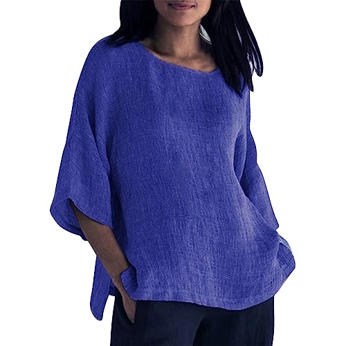 Women's Linen Shirts Solid Color 3/4 Sleeve Tunic Tops Casual Pul...