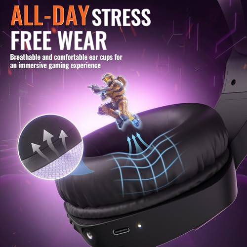 BINNUNE Wireless Gaming Headset for Xbox Series X/S, Xbox One, PS5, 120H Ultra-Long Battery, Bluetooth 5.3 Gaming Headphones with Noise-Canceling Mic, Comfortable Over-Ear Headphones,Purple