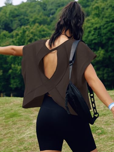 Image of SENSERISE Womens Open Back Workout Tops Backless Short Sleeve Athletic Shirt Running Crop Top Gym Yoga Tee