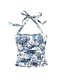WDIRARA Women's Y2K Ruched Graphic Print Halter Neck Top Tie Back Square Neck Sleeveless Slim Fit Cami Tops Multicolor Blue Medium