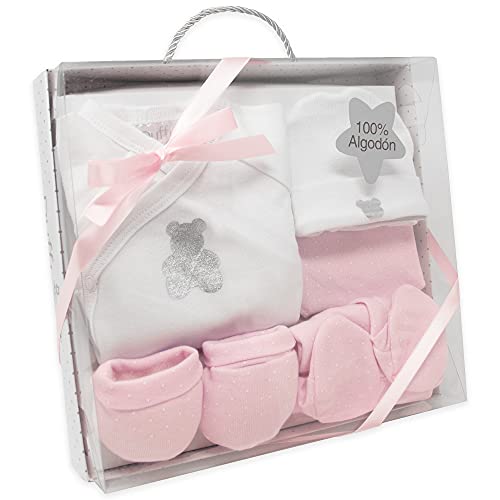 Duffi Baby Set Primera Puesta Bebe Recien Nacido 5 Piezas. Set Regalo Bebe. Conjunto Primera Puesta Bebe con Chaquetita, Polaina, Gorro, Babero y Manoplas. 100% Algodon Modelo Osito Color Rosa 0985 06