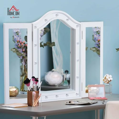 HOMCOM Trifold Freestanding Mirror, Lighted Tabletop Vanity Mirror Large Cosmetic w/16 LED Lights powered by batteries Foldable For Bedroom- White - 2