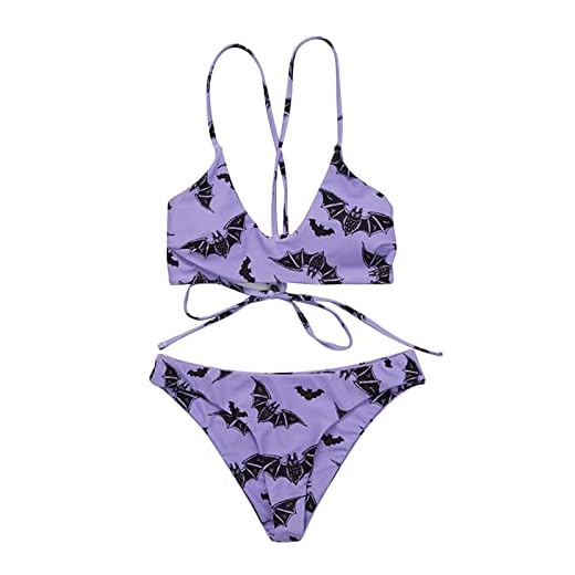 Guccou Women Gothic Bikini Swimsuit Set Y2K Cute Bandeau Wrap Bikini Set Goth Skull Swimwear Bikini Swimsuits (Purple