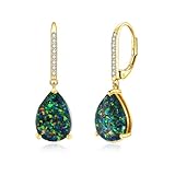 Leverback Black/Green Opal Dangle Earrings 14k Yellow Gold Plated Drop Earrings for Women Teardrop Earrings Elegant Jewelry Gifts for Mothers Day Birthday Party