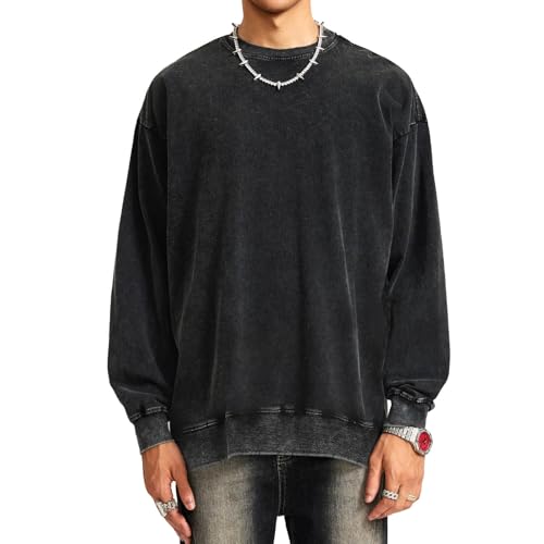 BINTEHGS Mens Oversized Vintage Sweatshirts Acid Wash Plain Crewneck Sweatshirt Streetwear Unisex Distressed Couple Pullover2