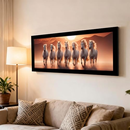 Image of PAINTINGMANTRA Running Horse Vastu Modern Wall Art Framed Luxury Paintings for Home Decoration, Living room, Bedroom and Office Decoration (99x38 CM)