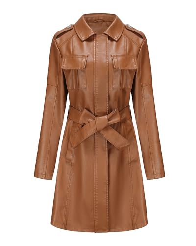 Easyoyo Gabardina de piel sintética de longitud media para mujer, con cinturón, gabardina delgada de poliuretano, caqui, XL