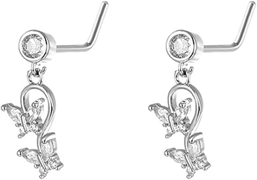 2Pcs Dangle Butterfly Nose Rings for Women Rhinestone Butterflies L-Shaped Tassel Dangling Nostril Nose Studs Rings Piercing Jewelry