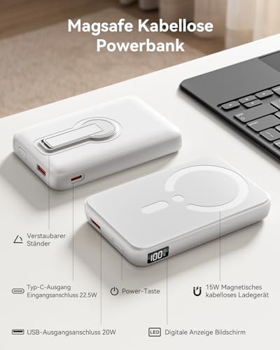 Powerbank für Magsafe, 12000mAh Kabelloses Power Bank mit 22.5W PD USB-A Ausgabe, Magnetische Externe Handyakkus mit LED-Anzeige, Typ-C Eingang & Ausgang für iPhone 17/16/15/14/13/12/Pro/Pro Max 5