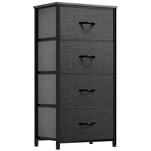 YITAHOME Storage Tower with 4 Drawers - Fabric Dresser, Organizer Unit for Bedroom, Living Room, Closets - Sturdy Steel Frame, Easy Pull Fabric Bins & Wooden Top Cool Black Grey Ash 4-Drawer