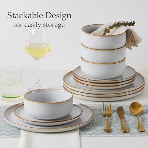 Onader 12 Piece Dinner Set, Reactive Glaze Stoneware Dinnerware for 4 People, Elegant Plates and Bowls Sets for Kitchen Christmas Camping, Scratch Resistant, Microwave & Dishwasher Safe - Daisy Beige - Image 5